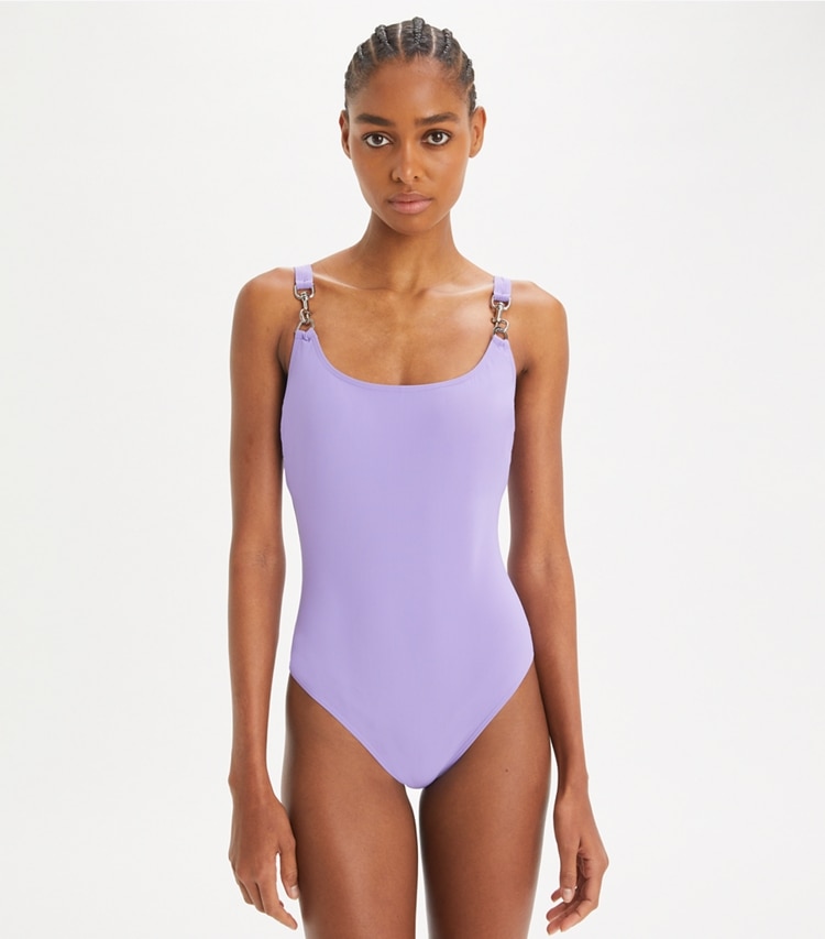 Tory Burch designer one pieces Clip Tank Swimsuit in Purple Thistle on model detail