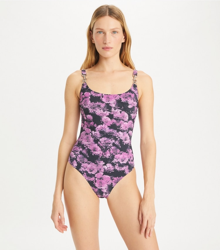 Tory Burch designer one pieces Clip Tank Swimsuit in Pink Pixel Floral on model detail