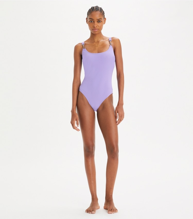 Tory Burch designer one pieces Clip Tank Swimsuit in Purple Thistle on model front