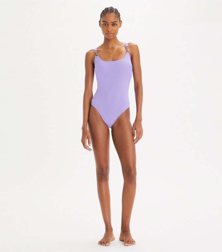 Tory Burch designer one pieces Clip Tank Swimsuit in Purple Thistle front