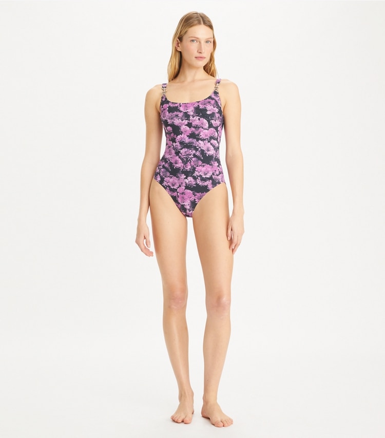 Tory Burch designer one pieces Clip Tank Swimsuit in Pink Pixel Floral on model front