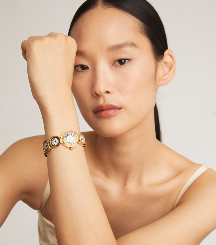 Tory Burch designer strap watches Clock Watch, Gold-Tone Stainless Steel in IVORY/GOLD accessory on model