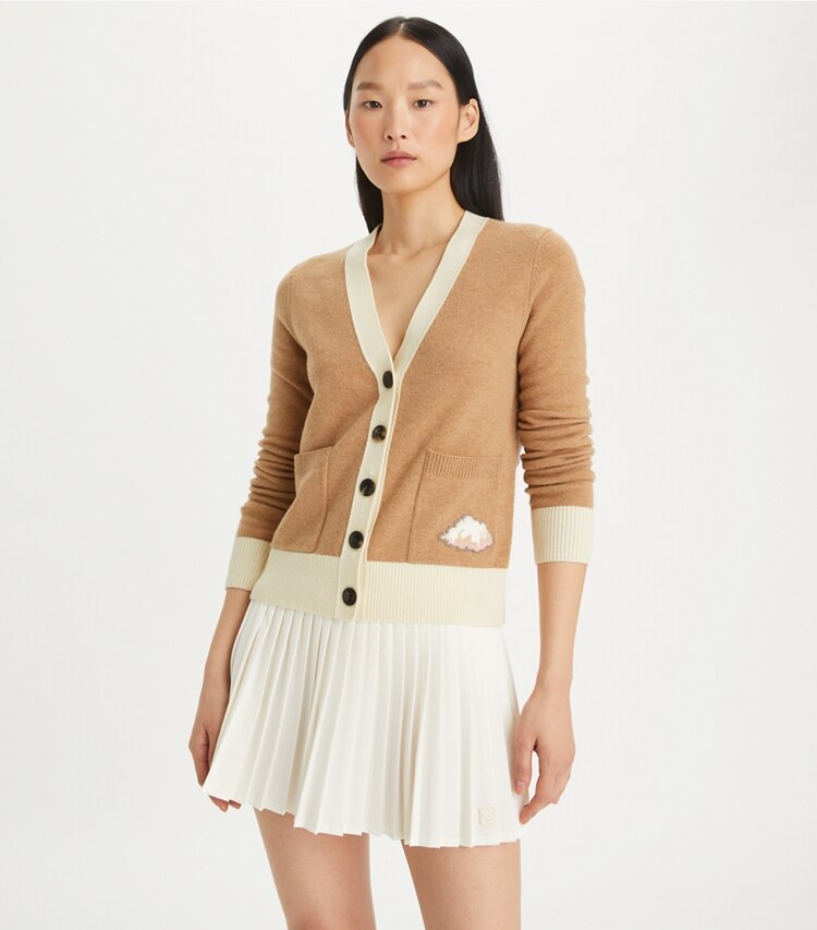 Tory Burch designer sweaters Cloud Cardigan in Perfect Camel on model detail