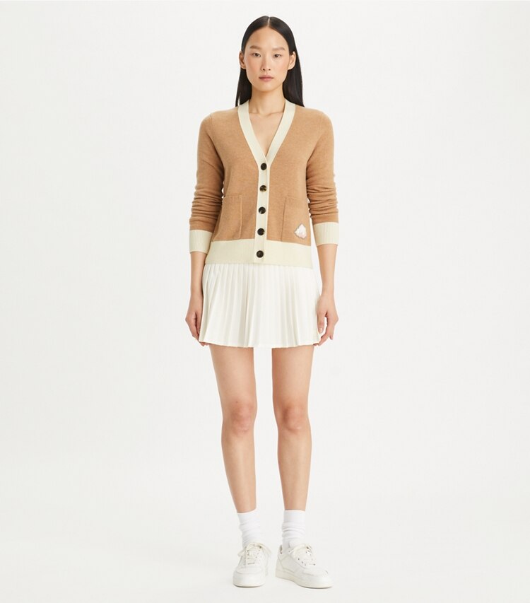 Tory Burch designer sweaters Cloud Cardigan in Perfect Camel on model front
