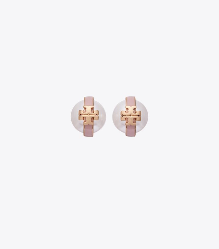 Tory Burch designer boucles d'oreilles Clous d’oreilles avec perles Moondance dans Light Brass / Pearl / Pink de face