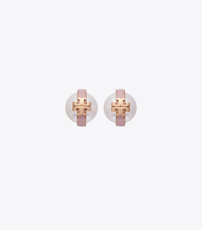Tory Burch designer boucles d'oreilles Clous d’oreilles avec perles Moondance dans Light Brass / Pearl / Pink de face
