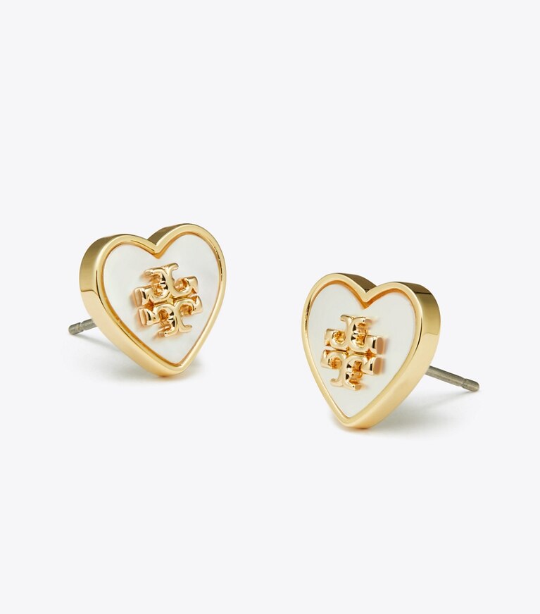 Tory Burch designer boucles d'oreilles Clous d’oreilles Cœur Myosotis dans Tory Gold / Mother of Pearl détails