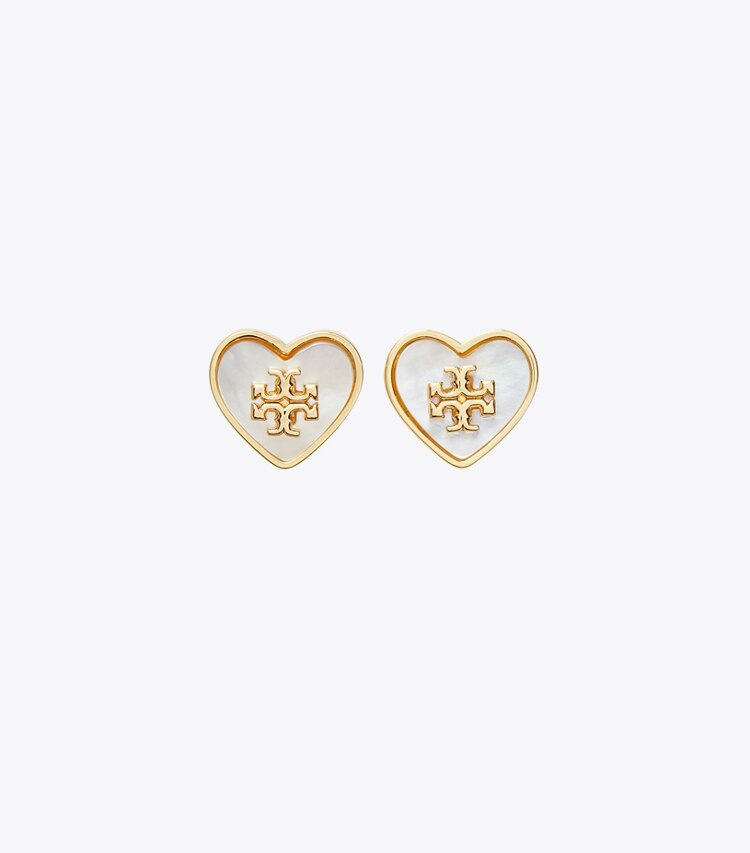 Tory Burch designer boucles d'oreilles Clous d’oreilles Cœur Myosotis dans Tory Gold / Mother of Pearl de face