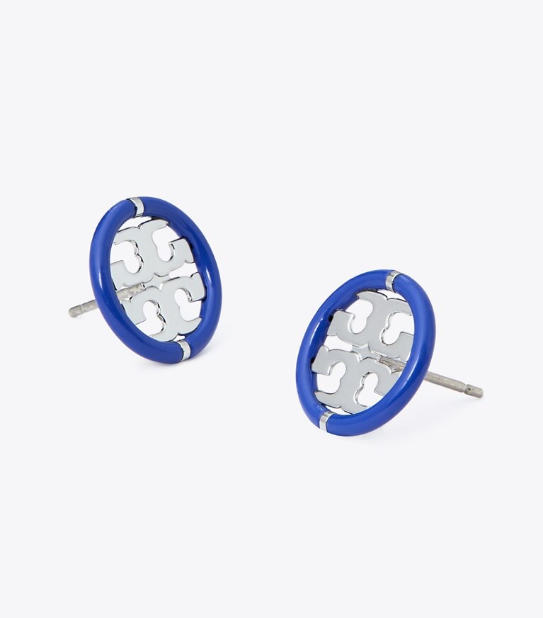 Tory Burch designer boucles d'oreilles Clous d’oreilles Miller en émail 12 mm dans Tory Silver / Nautical Blue détails