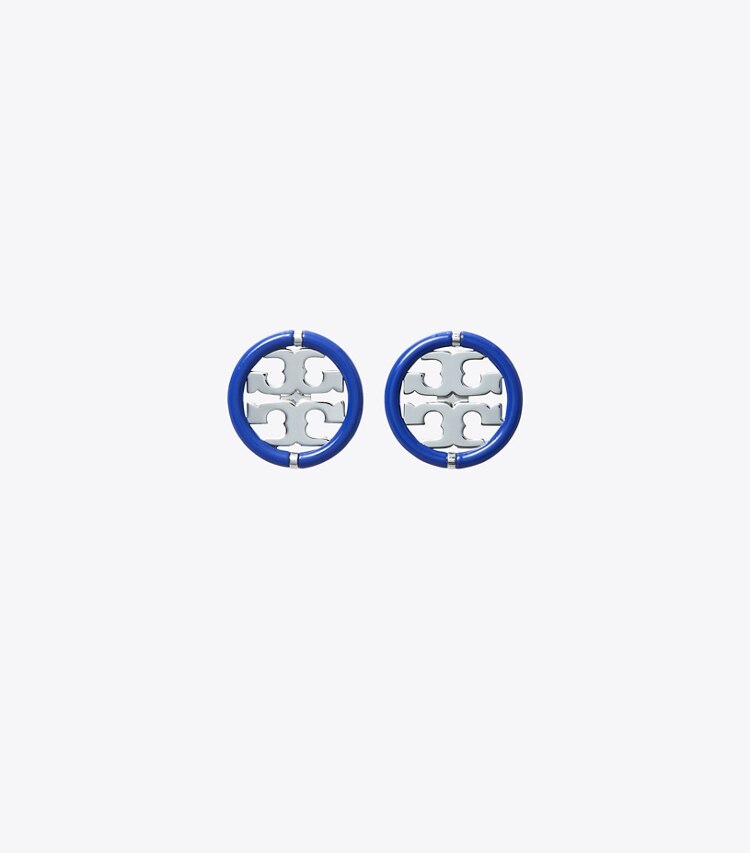 Tory Burch designer boucles d'oreilles Clous d’oreilles Miller en émail 12 mm dans Tory Silver / Nautical Blue de face