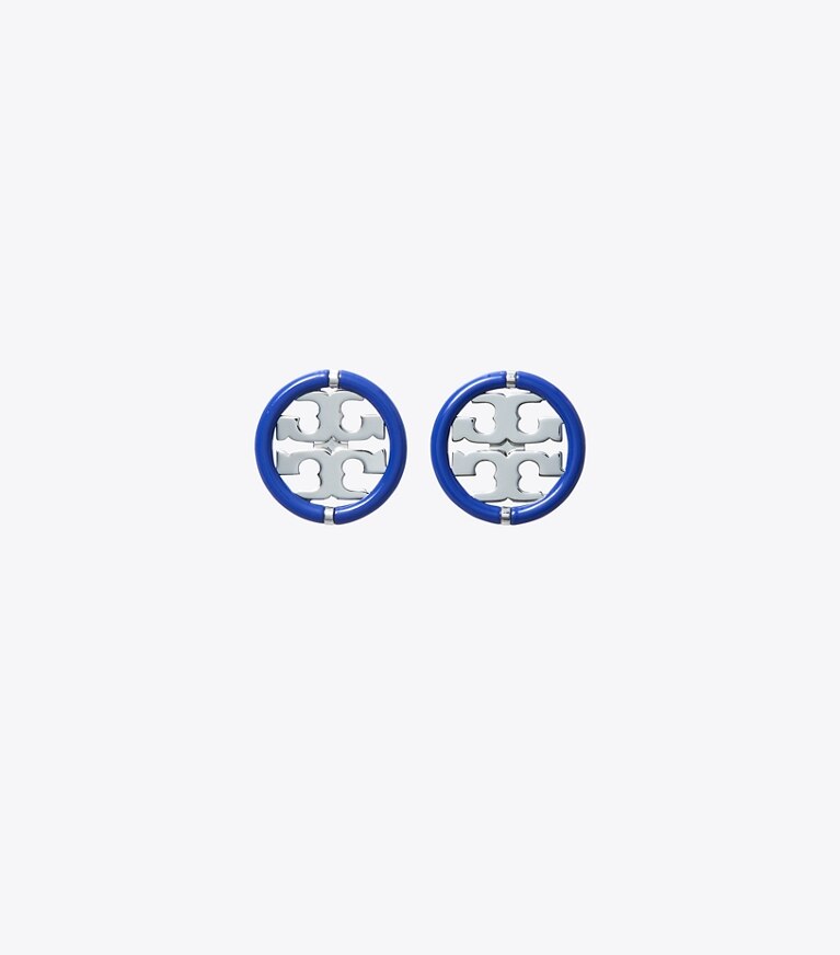Tory Burch designer boucles d'oreilles Clous d’oreilles Miller en émail 12 mm dans Tory Silver / Nautical Blue de face