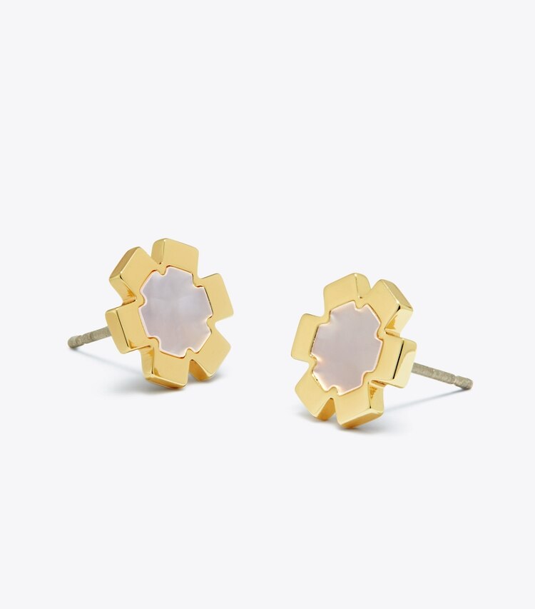 Tory Burch designer boucles d'oreilles Clous d’oreilles Myosotis dans Tory Gold / Mother of Pearl détails