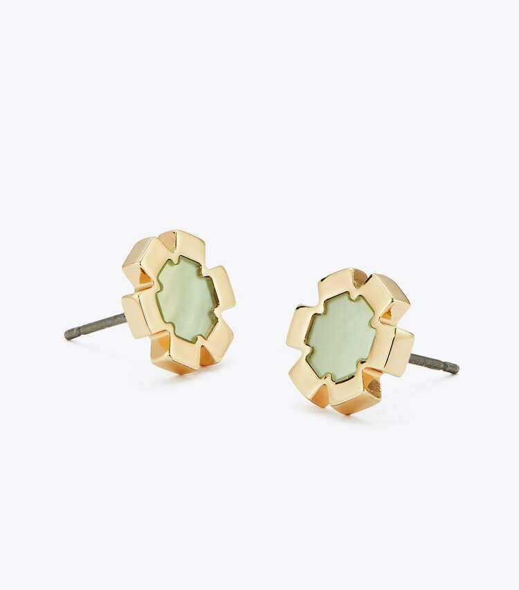 Tory Burch designer boucles d'oreilles Clous d’oreilles Myosotis dans Tory Gold / Green détails