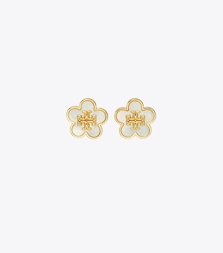 Tory Burch designer boucles d'oreilles Clous d'oreilles Forget Me Not dans Tory Gold / Mother of Pearl de face