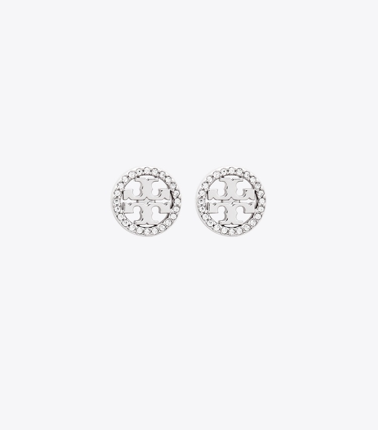 Tory Burch designer boucles d'oreilles Clous d'oreilles Icon Pavé dans Tory Silver/Crystal de face