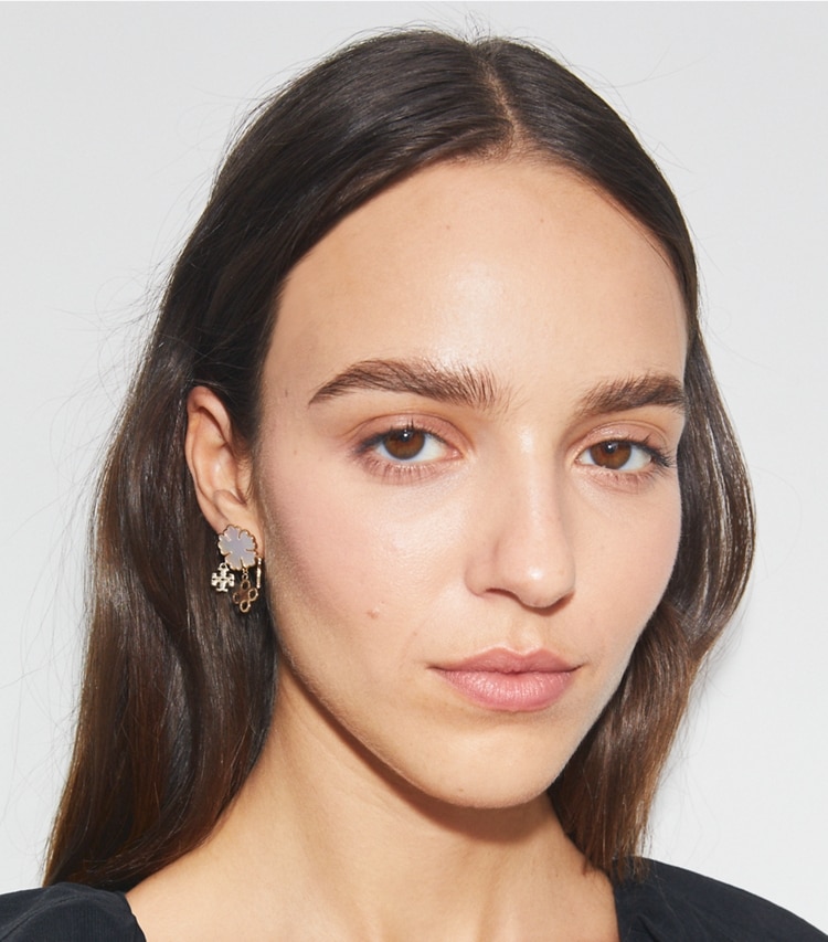 Tory Burch designer earrings Clover Cluster Earring in Tory Gold / Mother of Pearl accessory on model