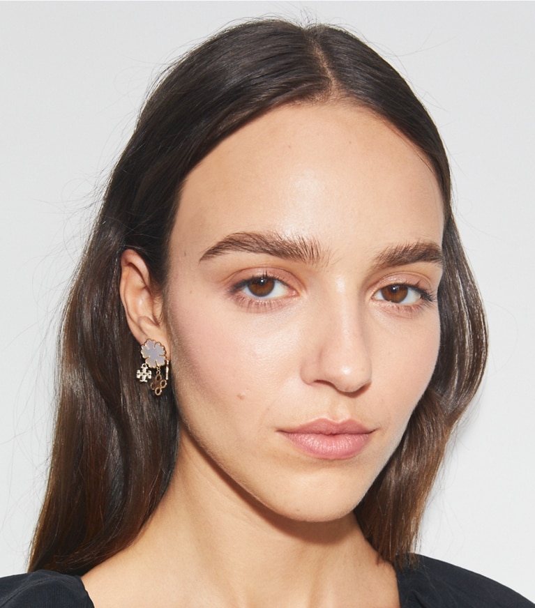 Tory Burch designer earrings Clover Cluster Earring in Tory Gold / Mother of Pearl front
