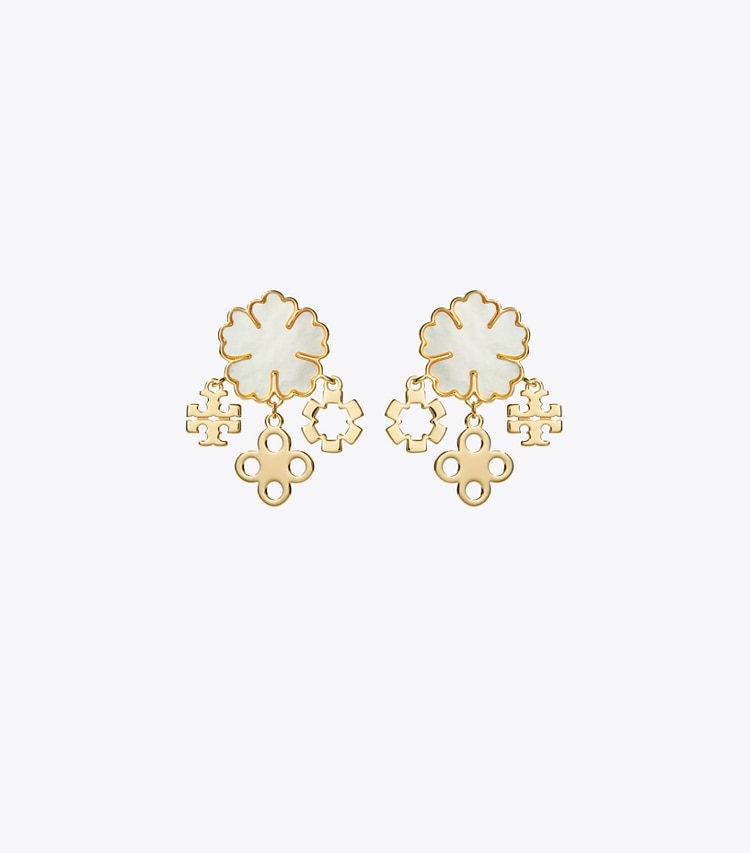 Tory Burch designer earrings Clover Cluster Earring in Tory Gold / Mother of Pearl front