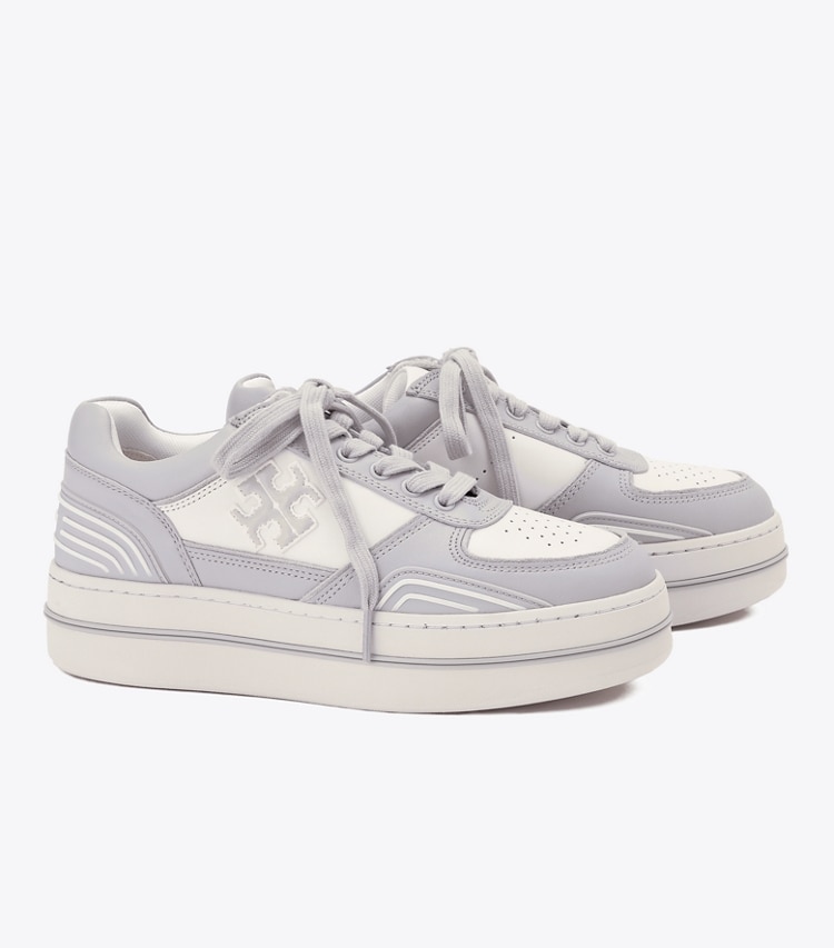 Tory Burch designer sneakers Clover Court Platform Sneaker in WHITE / SILVER / FEATHER GRAY angle