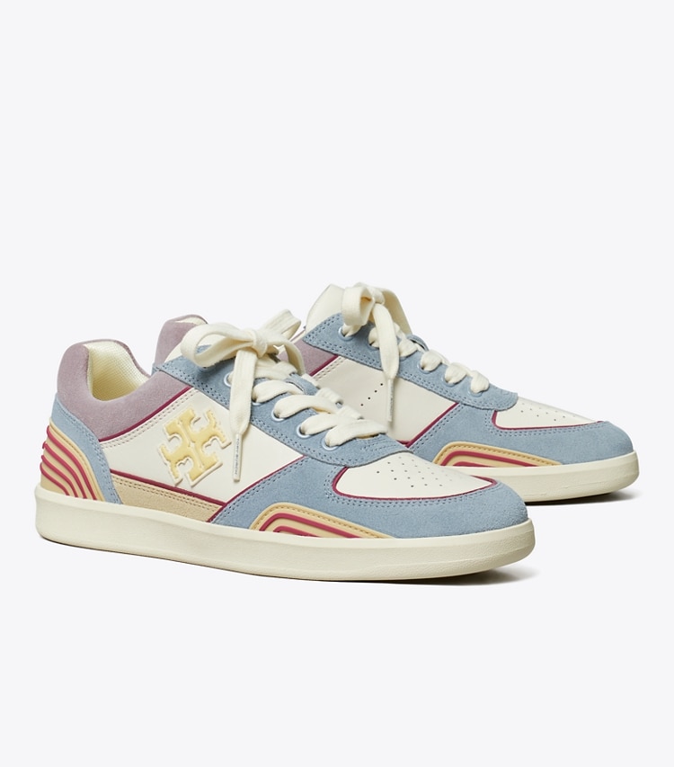 Tory Burch designer sneakers Clover Court Sneaker in NEW IVORY / YELLOW CANARY / ARIA BLUE angle