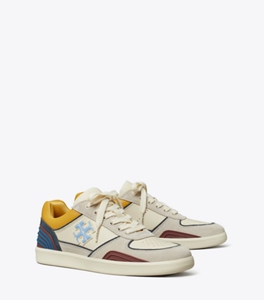 Tory Burch designer sneakers Clover Court Sneaker in LIGHT CREAM / CALCARE / DARK CARMINE angle