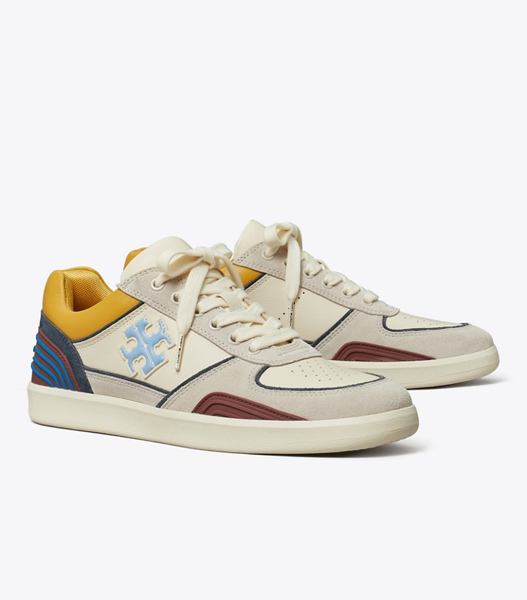 Tory Burch designer sneakers Clover Court Sneaker in LIGHT CREAM / CALCARE / DARK CARMINE angle