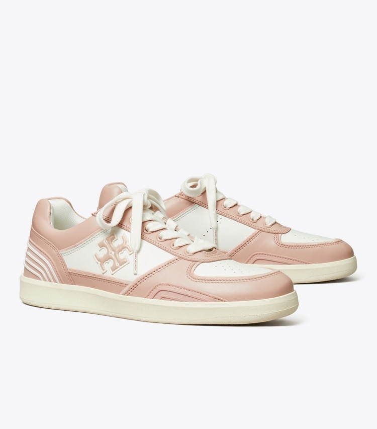 Tory Burch designer sneakers Clover Court Sneaker in WHITE / SHELL PINK angle