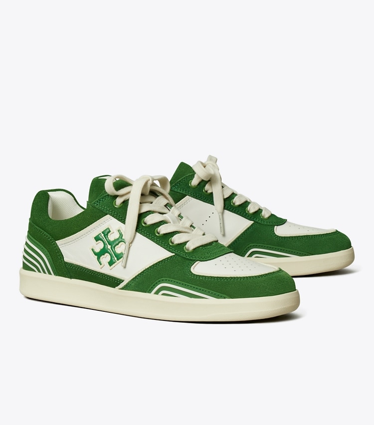 Tory Burch designer sneakers Clover Court Sneaker in WHITE / MOSSY GREEN / MOSSY GREEN angle