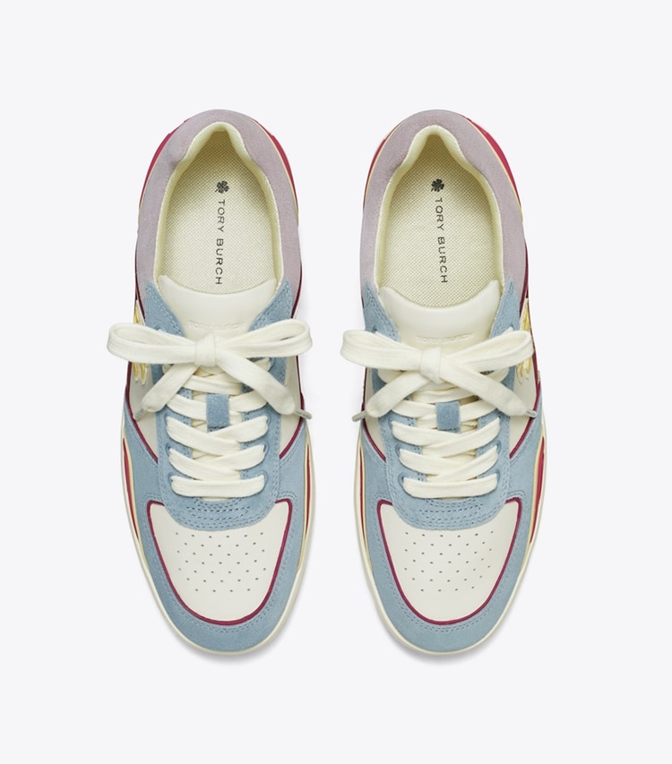 Tory Burch designer sneakers Clover Court Sneaker in NEW IVORY / YELLOW CANARY / ARIA BLUE overhead
