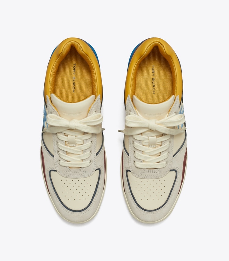 Tory Burch designer sneakers Clover Court Sneaker in LIGHT CREAM / CALCARE / DARK CARMINE overhead