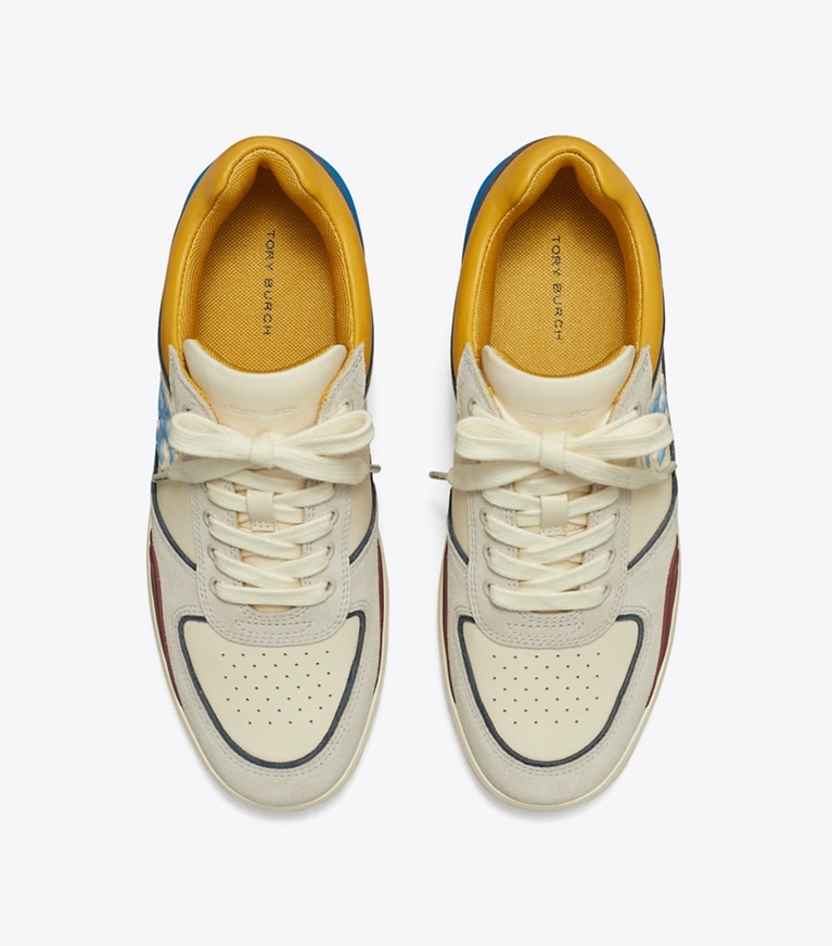 Tory Burch designer sneakers Clover Court Sneaker in LIGHT CREAM / CALCARE / DARK CARMINE angle