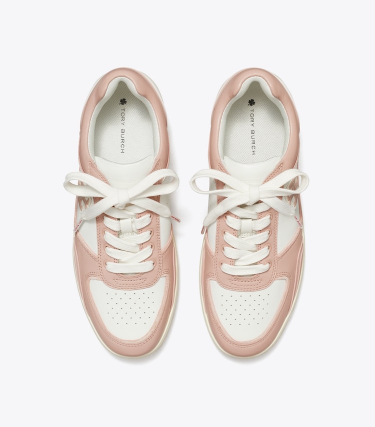 Tory Burch designer sneakers Clover Court Sneaker in WHITE / SHELL PINK overhead