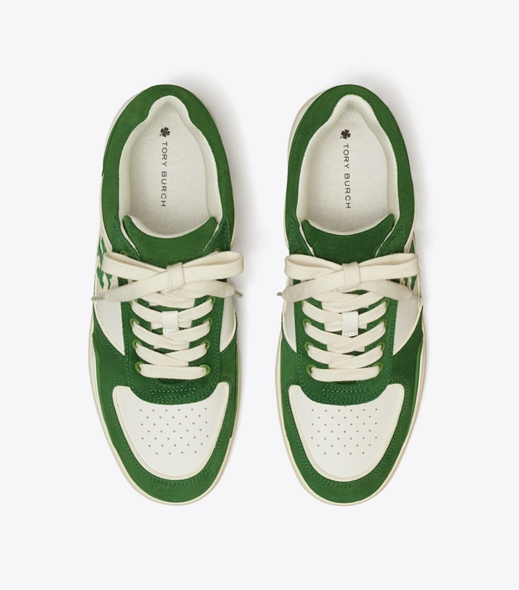 Tory Burch designer sneakers Clover Court Sneaker in WHITE / MOSSY GREEN / MOSSY GREEN overhead