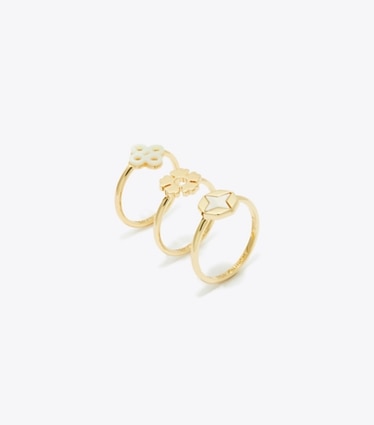 Tory Burch designer リング クローバー スタッキングリング セット in Tory Gold / Mother of Pearl angle