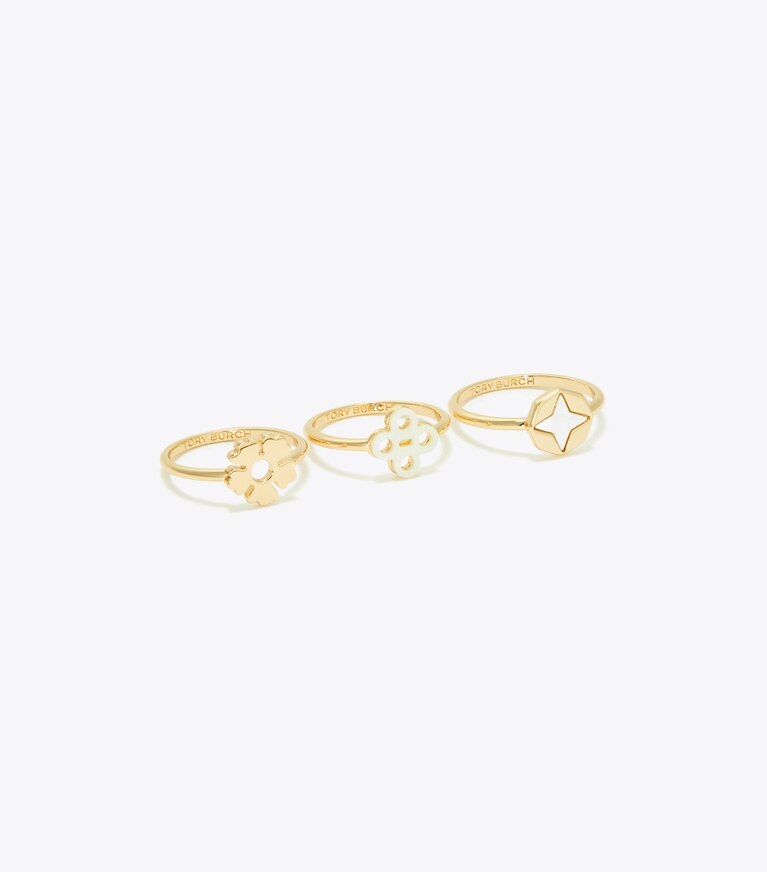 Tory Burch designer ringe Clover Stapelringset in Tory Gold / Mother of Pearl angle