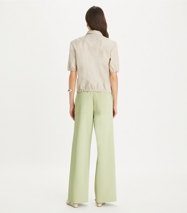 Tory Burch designer bottoms Coated Jersey Pant in Khaki Sage on model back