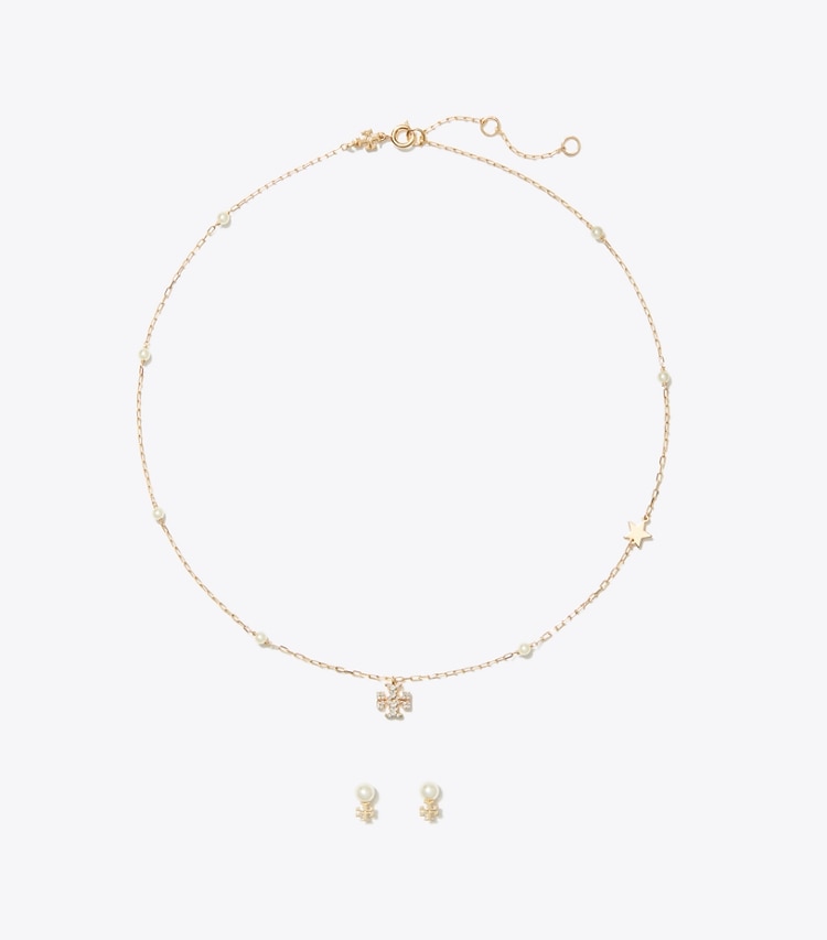 Tory Burch designer boites à bijoux Coffret cadeau collier et boucles d’oreilles Moondance in Tory Gold / Cream / Crystal front