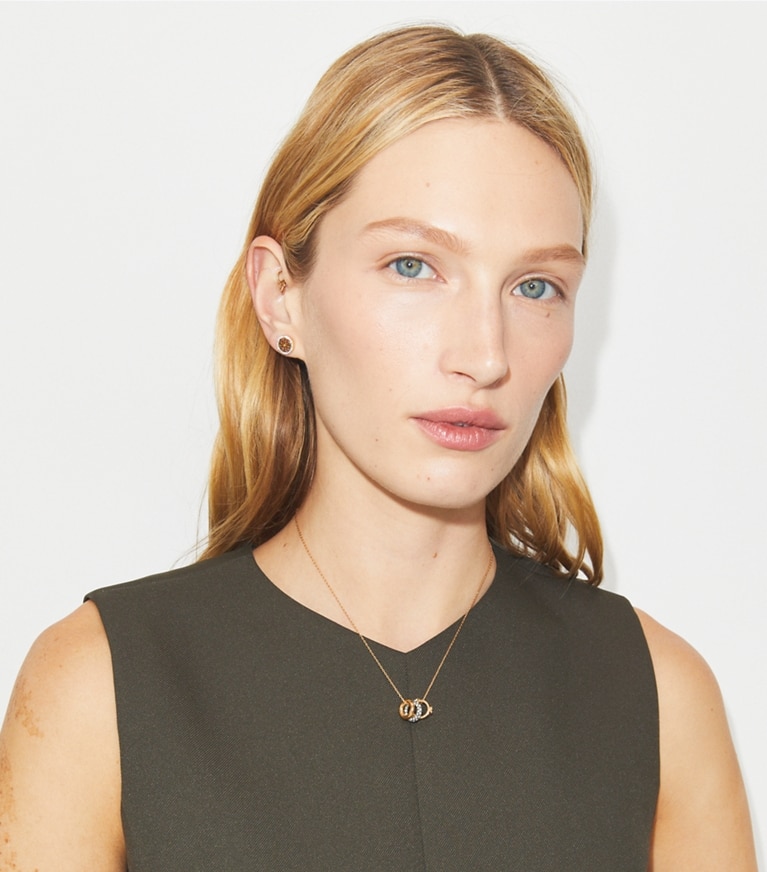 Tory Burch designer boites à bijoux Coffret cadeau collier et boucles d’oreilles pavés Icon in Tory Gold / Crystal front