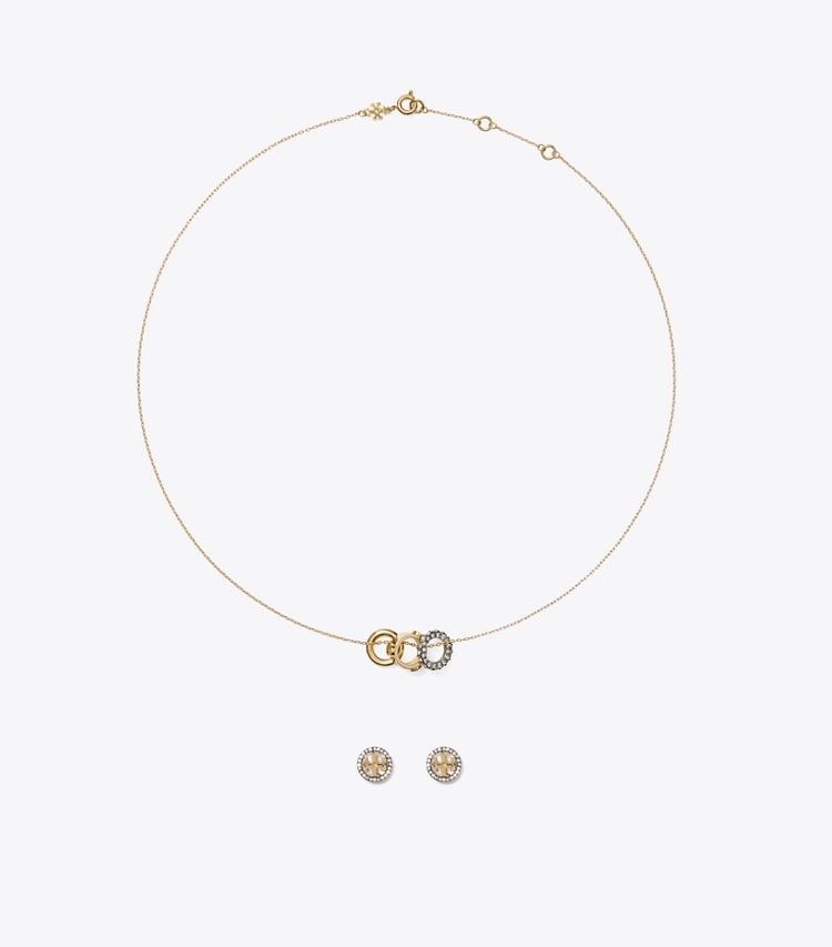 Tory Burch designer boites à bijoux Coffret cadeau collier et boucles d’oreilles pavés Miller in Tory Gold / Crystal front