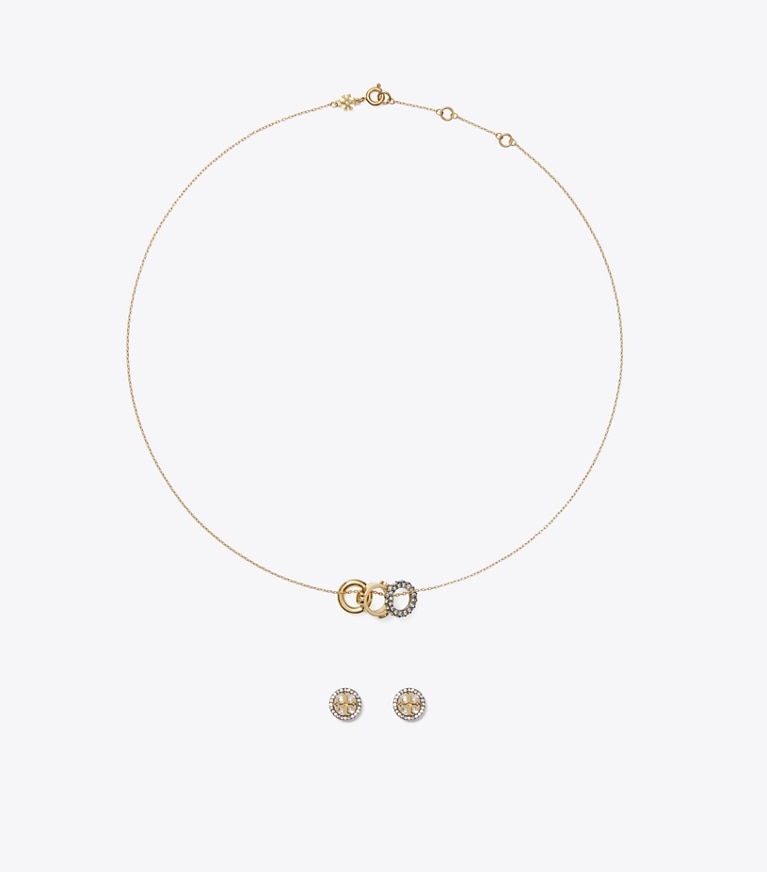 Tory Burch designer boites à bijoux Coffret cadeau collier et boucles d’oreilles pavés Miller in Tory Gold / Crystal front