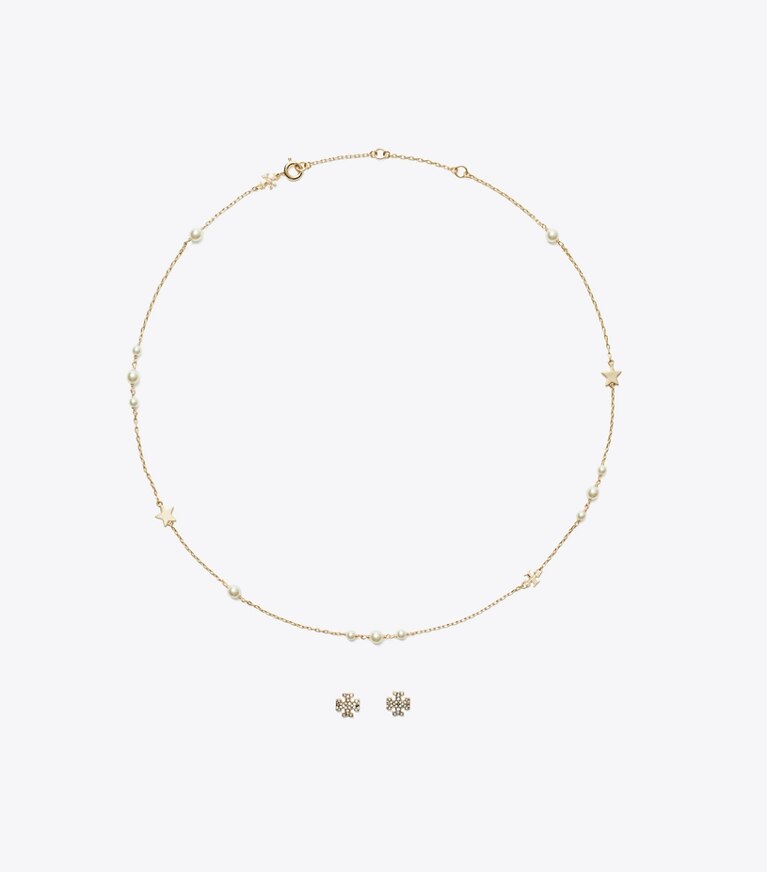 Tory Burch designer boites à bijoux Coffret cadeau collier et puces d’oreilles Kira in Tory Gold / Pearl / Crystal front