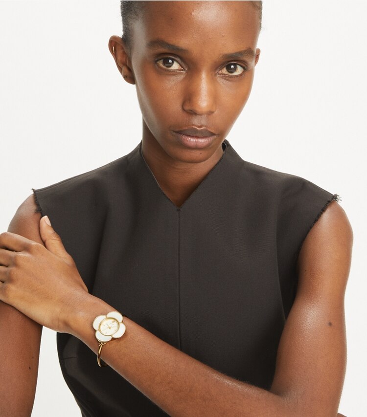 Tory Burch designer montres bracelet Coffret cadeau montre Kira in IVORY/GOLD/MULTI TOPRINGS accessory on model
