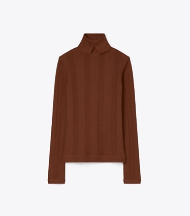 Tory Burch designer sweaters Col roulé à côtes fines dans Rich Mahogany de face
