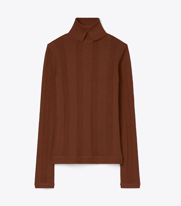 Tory Burch designer sweaters Col roulé à côtes fines dans Rich Mahogany de face