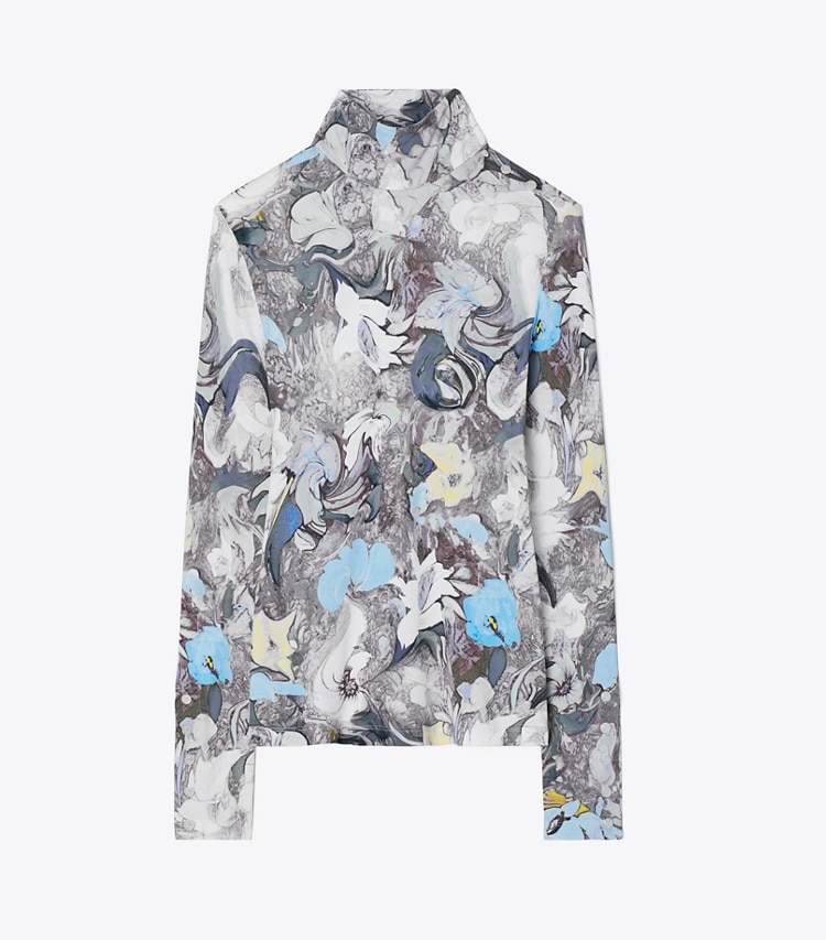 Tory Burch designer hauts Col roulé en jersey de viscose imprimé dans Blue Abstract Floral de face