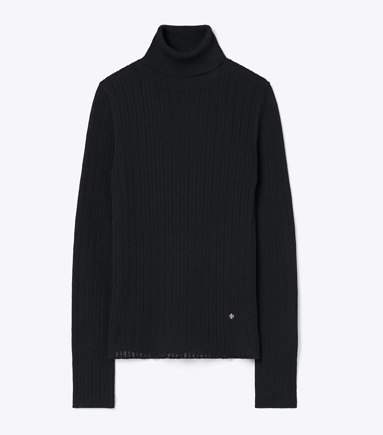 Tory Burch designer sweaters Col roulé en lin et coton côtelé in BLACK front
