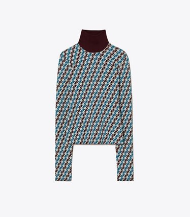 Tory Sport designer sweaters Col roulé jacquard in Aqua Blue Linked Geo 3 Color front