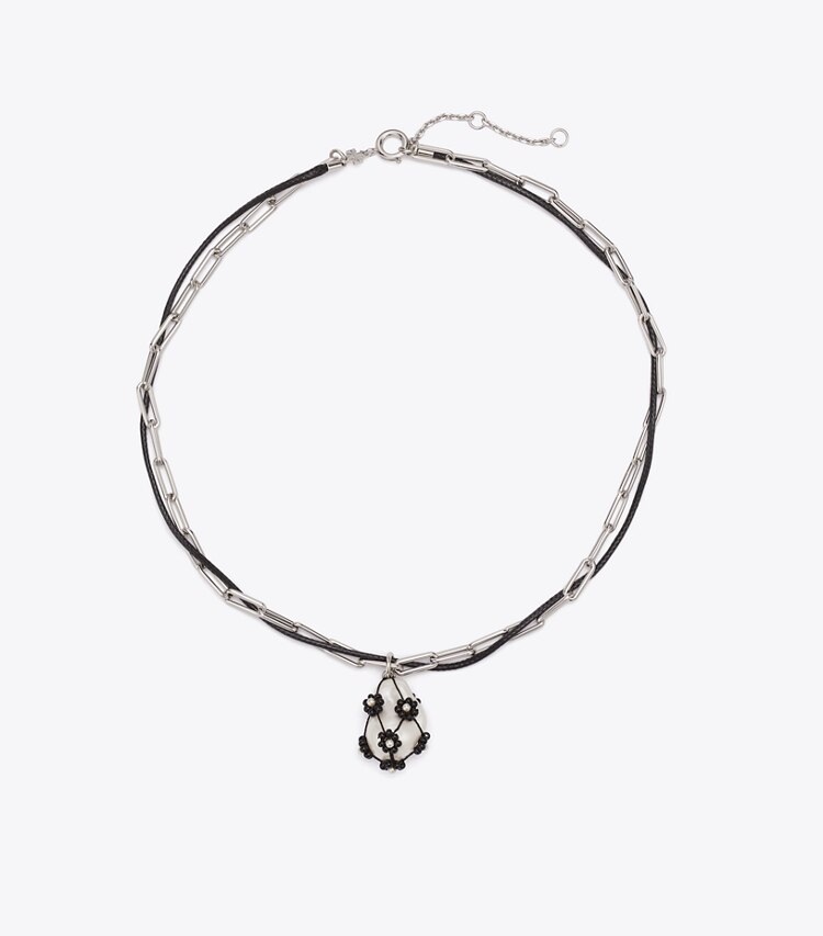 Tory Burch diseñador collares Colgante Curiosity con doble hilera de perlas en Tory Silver / Black frente