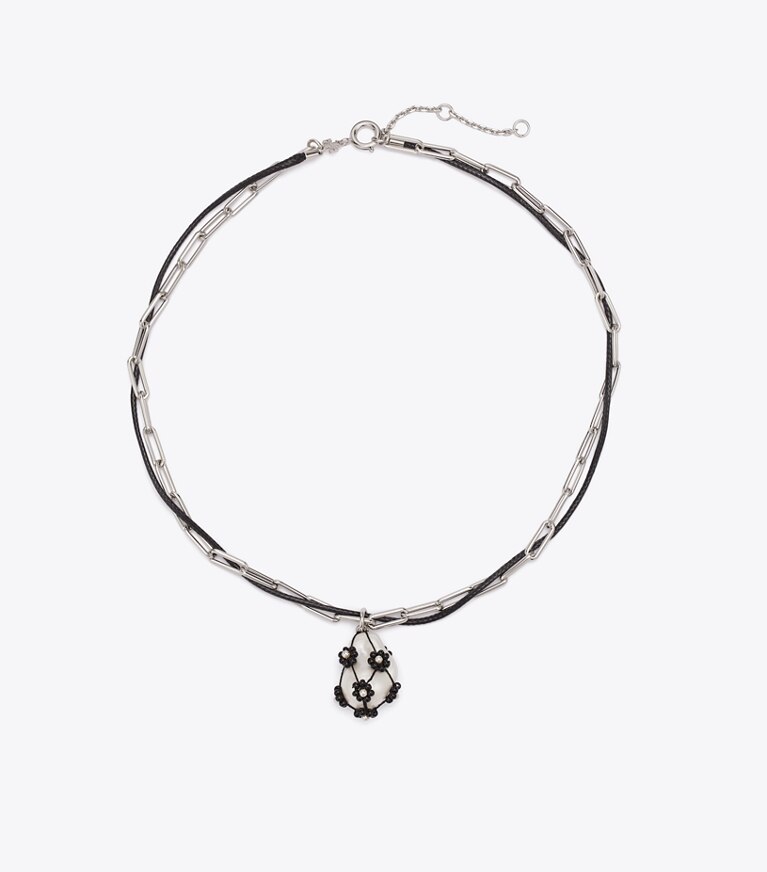 Tory Burch diseñador collares Colgante Curiosity con doble hilera de perlas en Tory Silver / Black frente