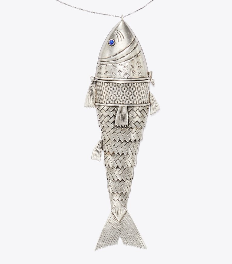Tory Burch diseñador collares Colgante de pez articulado Runway en Antique Silver detalle